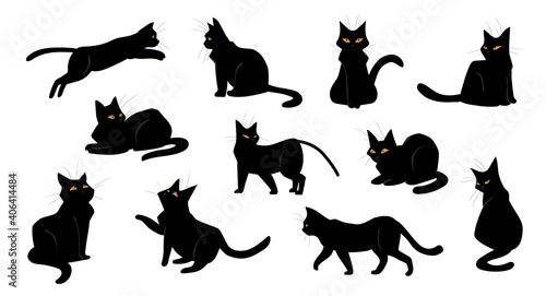 Fototapeta Naklejka Na Ścianę i Meble -  Cat. Cartoon black kitten sitting and walking, standing or jumping. Isolated poses of playful kitty. Cute shorthaired pet breed with yellow eyes. Collection of domestic animal silhouettes, vector set
