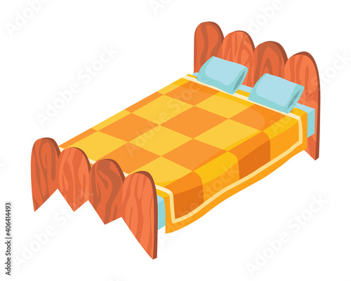 Bed cartoon. Vector illustration of color bed with pillow and cover. Icon of furniture