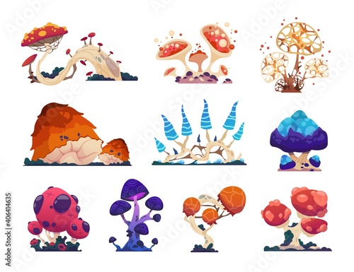 Fantasy mushrooms. Cartoon grebes. Mystical alien nature, unusual flora. Magical ingredient with poisonous or psychedelic effects. Collection of isolated fantastic colorful toadstools. Vector flat set
