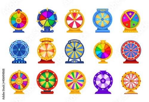 Spin wheels. Cartoon lottery circle. Fortune roulette games. Collection of rotating casino equipment for raffling prizes. Isolated colorful twisting drums. Money win and jackpot, vector flat set