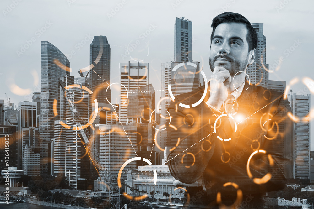 Caucasian young businessman pondering on technology at business process to achieve tremendous growth in commerce. Worldwide process to conduct transactions. Tech hologram icons over Singapore