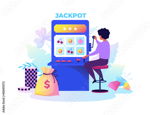 Gambling machine. Cartoon woman playing risky games. Casino electronic equipment for random raffling money with handle and spinning reels. Addiction to gamble. Lucky chance, vector isolated concept