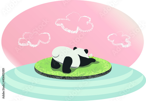 Panda admiring a flower in a meadow.