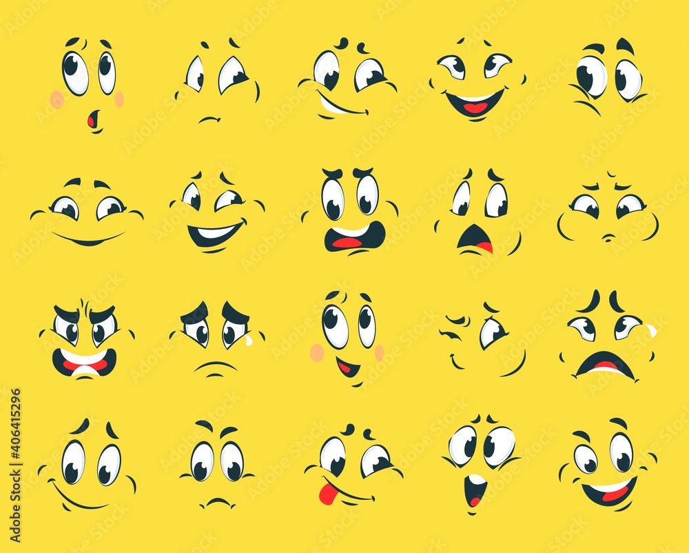 Funny faces. Cartoon emotion expressions. Comic emoticons with contour eyes or eyebrows and mouths. Facial caricatures on yellow background. Avatars or stickers design template, vector set