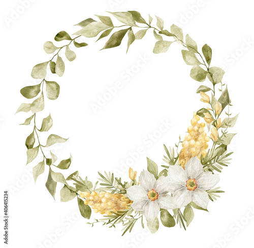 Watercolor wreath with mimosa, narcissus flowers and leaves. Elegant spring bouquet. Feminine frame for mother's day, women's day. Flower arrangement. Blossom summer round wreath © Kate K.
