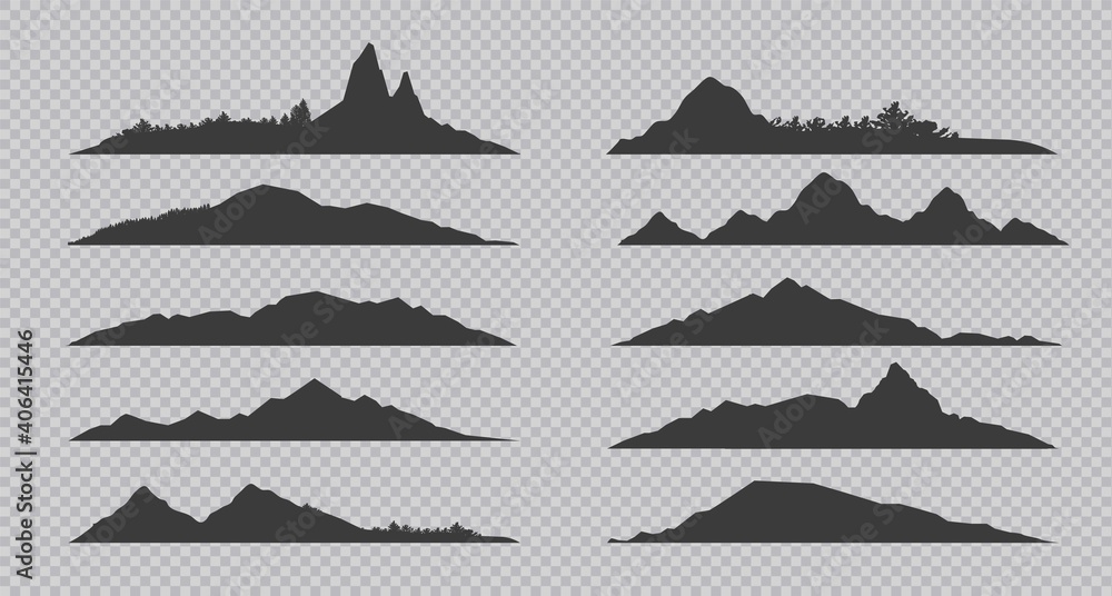 Mountain silhouette. Black outline rocks and hills with forests. Collection of contour landscapes on transparent background. Skyline and panoramic of rocky peaks and coniferous trees. Vector flat set