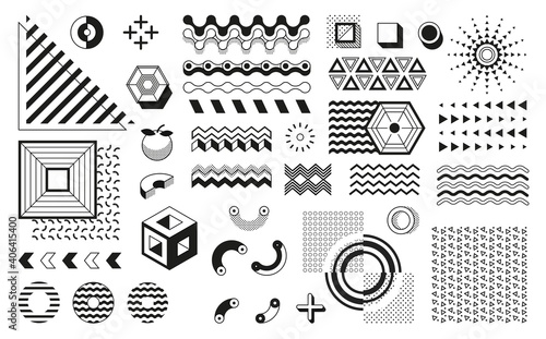 Memphis geometric shapes. Retro black and white halftone pattern and trendy design elements. Abstract modern minimal shapes, dots and lines. Vector round and square forms isolated on white background