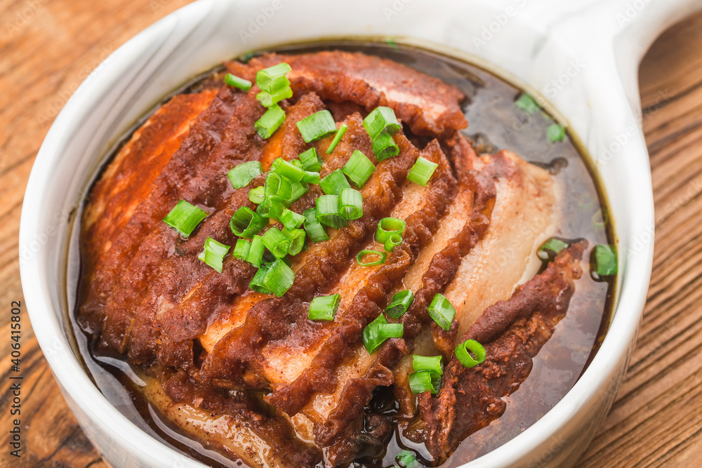 Steamed Belly Pork with Santow Mustard Cabbage. Oriental Cuisine, Asia Recipe,