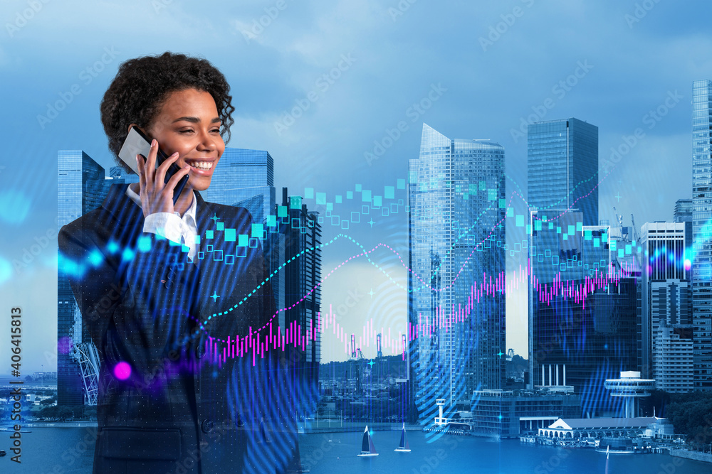 Attractive black businesswoman trader processing conference call to forecast the capital market behavior. Concept of trading strategy. Forex chart. Singapore. Double exposure. Attractive black businesswoman trader processing conference call to forecast the capital market behavior. Concept of trading strategy. Forex chart. Singapore. Double exposure.