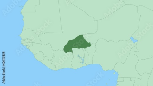 Map of Burkina Faso with pin of country capital. Burkina Faso Map with neighboring countries in green color.
