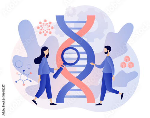 Biotechnology concept. Tiny people study dna use microscope. Science, laboratory research,  genetic testing, chemical, GMO, bioengineering and organism. Modern flat cartoon style. Vector illustration