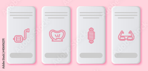 Set line Bicycle pedal, punctured tire, suspension and Sport cycling sunglasses. White rectangle button. Vector.