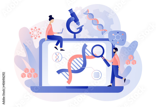 Biotechnology. Tiny people study dna use microscope and laptop. Science, laboratory research,  genetic testing, chemical, GMO, bioengineering and organism. Modern flat cartoon style. Vector 
