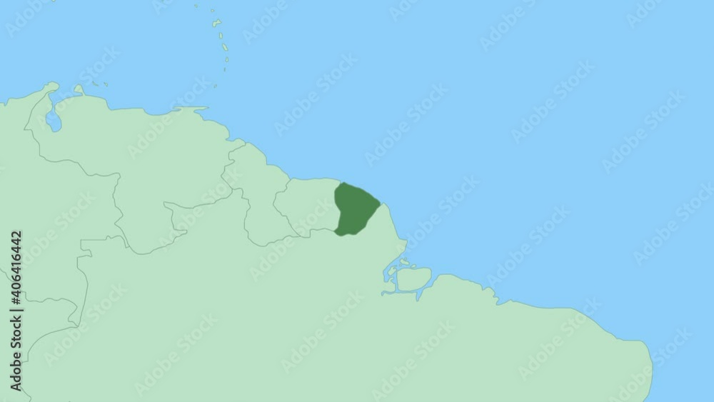 Map of French Guiana with pin of country capital. French Guiana Map with neighboring countries in green color. Map of French Guiana with pin of country capital. French Guiana Map with neighboring countries in green color.
