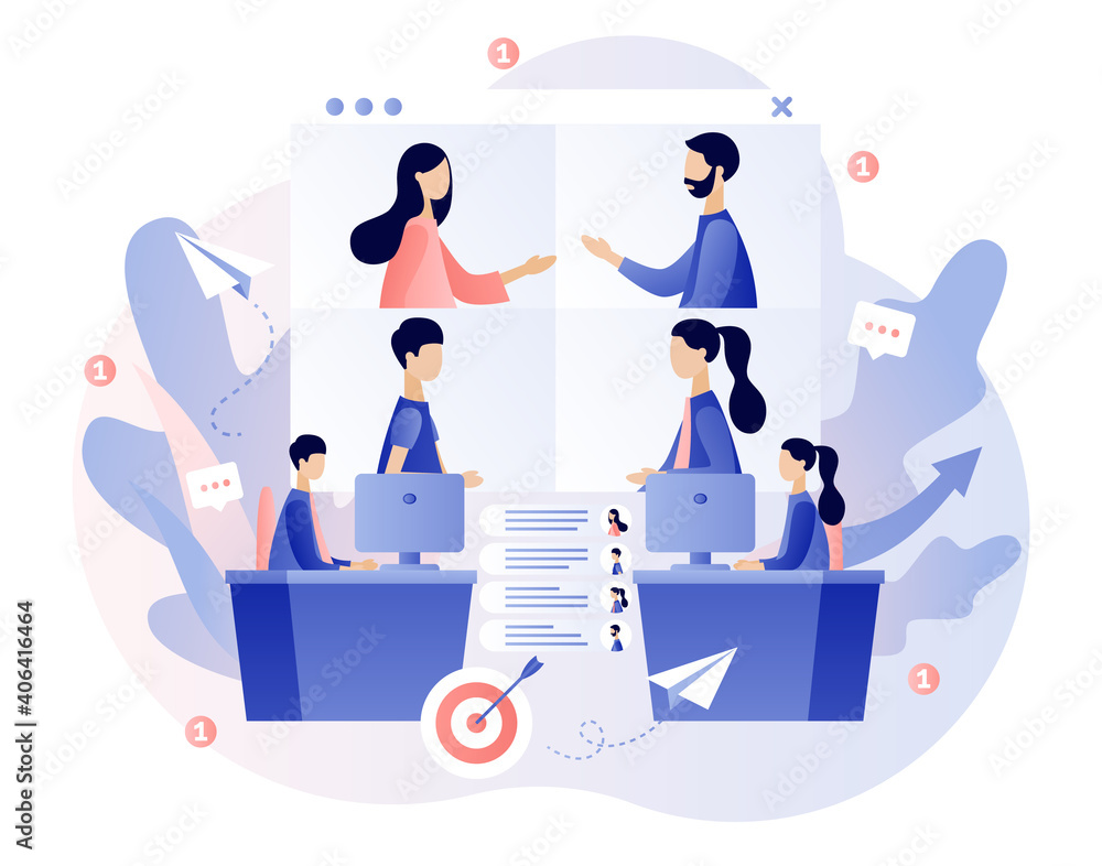 Online conference concept. Tiny people speak in video conference. Online meeting. Social distancing and self-isolation during coronavirus quarantine. Modern flat cartoon style. Vector illustration Online conference concept. Tiny people speak in video conference. Online meeting. Social distancing and self-isolation during coronavirus quarantine. Modern flat cartoon style. Vector illustration