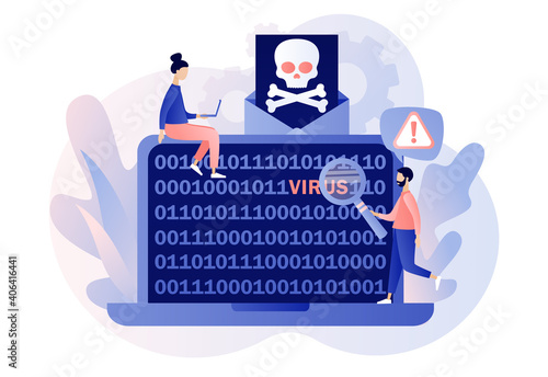 Computer virus concept. Hacker attack and web security. Scam alert. Code on laptop screen. Spam, malicious application. Envelope with skull. Modern flat cartoon style. Vector illustration 