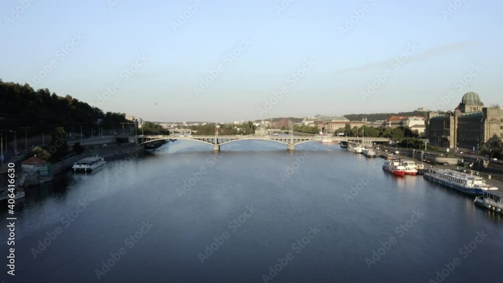 Aerial Shot Of Stefanikuv Bridge On The Vltava River In Prague, Czech Republic Aerial Shot Of Stefanikuv Bridge On The Vltava River In Prague, Czech Republic