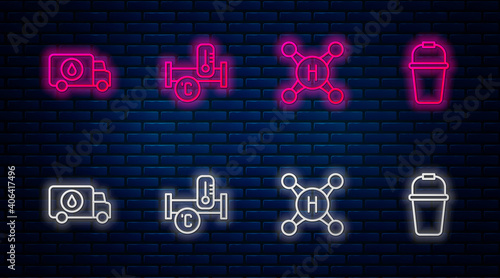 Set line Industry metallic pipe, Water tap, Plumber service car and Bucket. Glowing neon icon on brick wall. Vector.