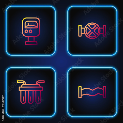 Set line Industry metallic pipe, Water filter, Pressure water meter and and valve. Gradient color icons. Vector.