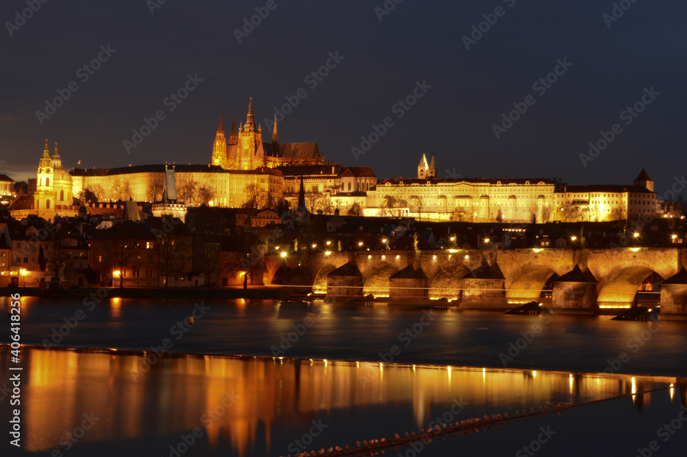 Prague castle and Vltava river in the evening after sunset