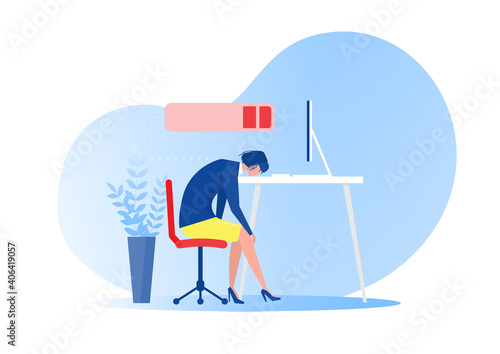 Female office worker sleeping at the table with low battery. syndrome,mental health problems,hard work concept vector