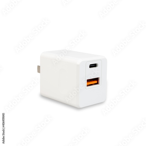 Side views of White color adapter plug with USB-A and USB-C for new smartphone isolated on white background. with clipping paths.