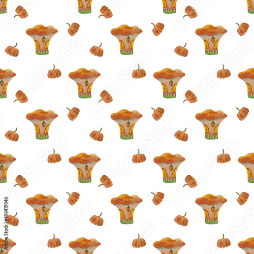Seamless pattern with mushroom houses and pumpkins on a white background. Houses in the form of chanterelle mushrooms. Drawn in watercolor by hand. Children's pattern for wallpaper or fabric.