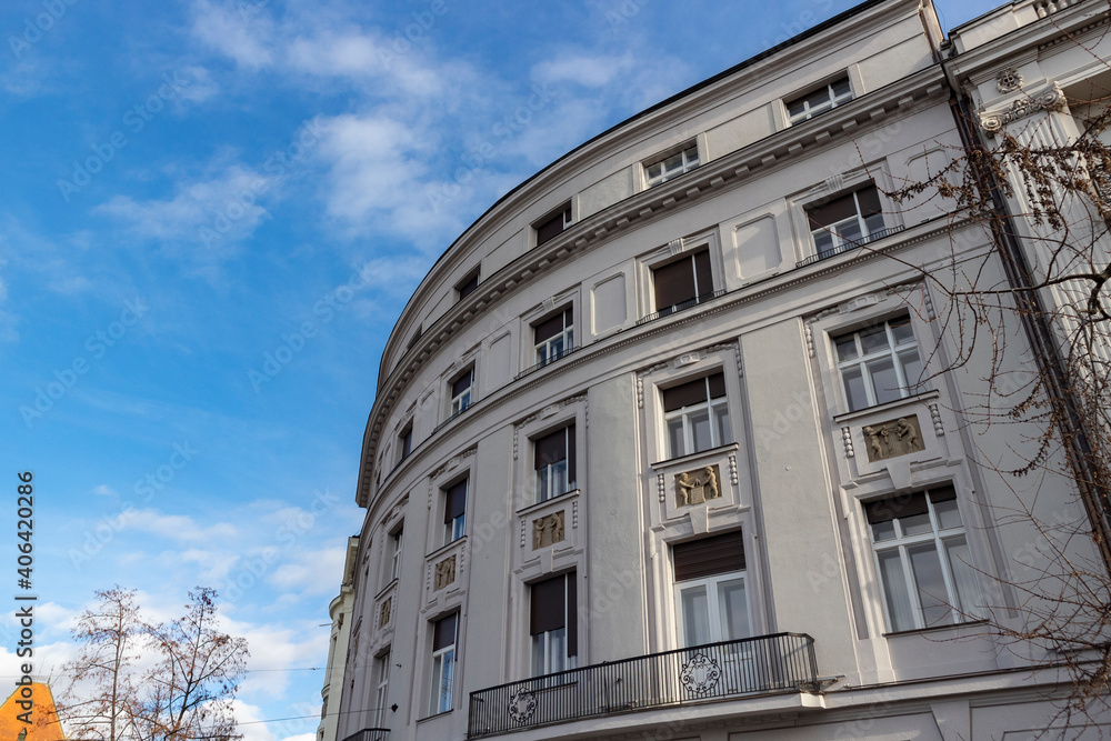 Fototapeta premium Beautiful, round building in the Zagreb city down town with decorative ornaments above windows