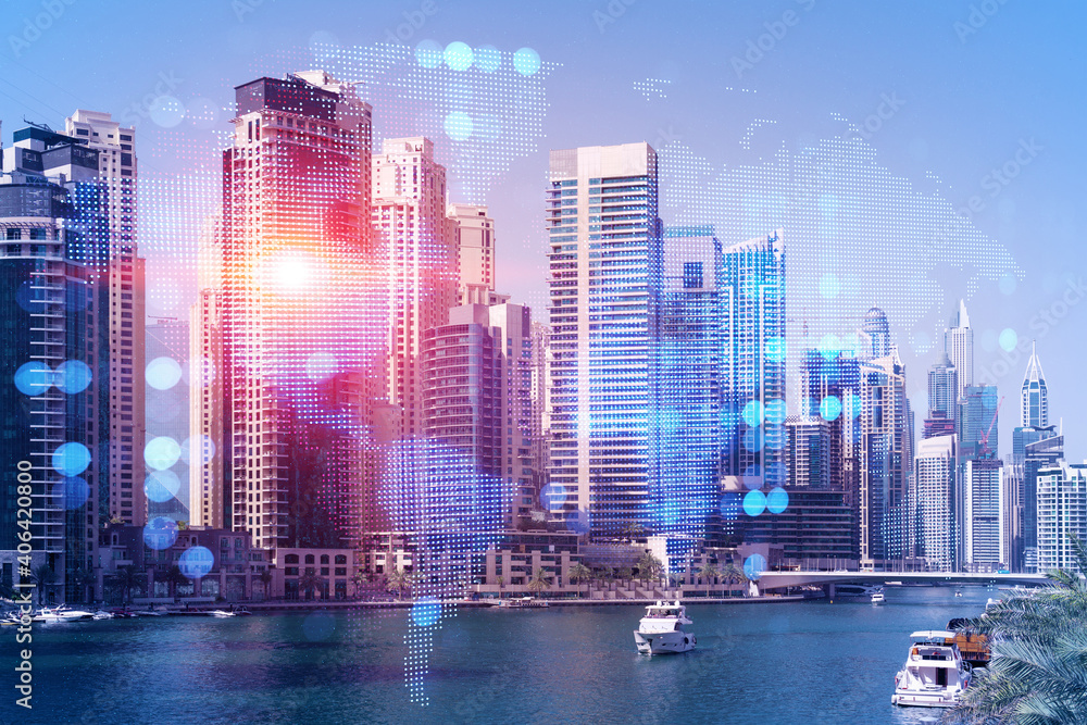 Fototapeta premium Skyscrapers of Dubai business downtown. International hub of trading and financial services. Social network icons hologram, concept of human resources. Double exposure. Dubai Canal waterfront.