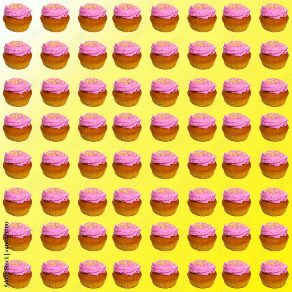 Cupcakes with white and pink cream on a yellow and white background, flat layout, pattern, wallpaper, banner, template Cupcakes with white and pink cream on a yellow and white background, flat layout, pattern, wallpaper, banner, template