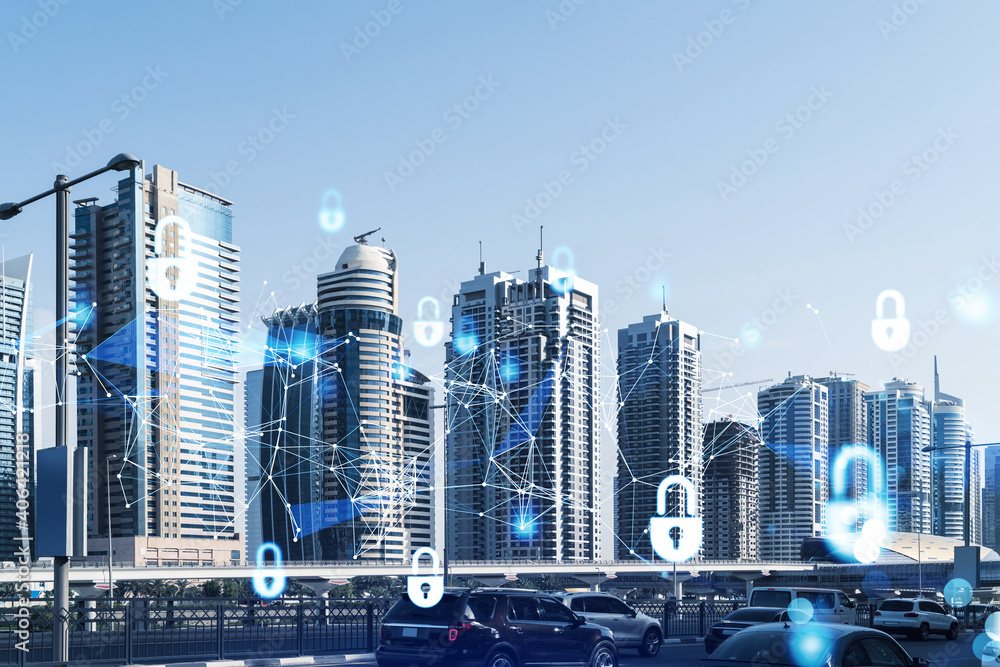 Cityscape skyscrapers of downtown, UAE. Modern skyline of the capital of the Emirate of Dubai. Cyber security concept. Double exposure. Lock icons net.