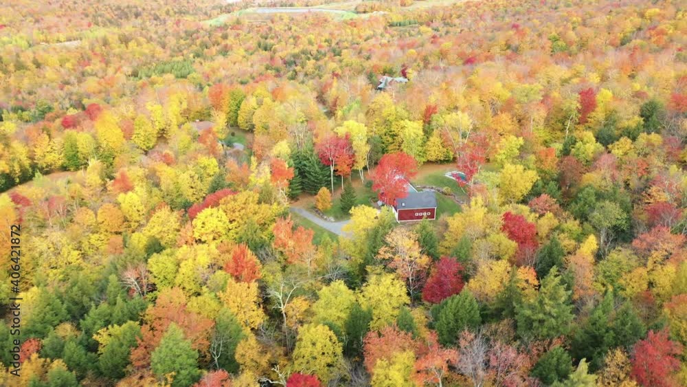 Drone Aerial View of Hidden Ranch in Colorful Autumn Landscape of Vermont USA Drone Aerial View of Hidden Ranch in Colorful Autumn Landscape of Vermont USA