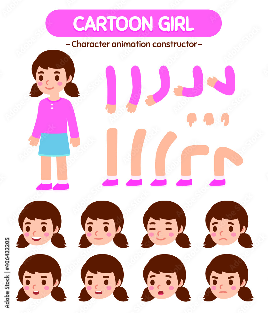 Cute cartoon girl character construction set for rigging and animation Cute cartoon girl character construction set for rigging and animation