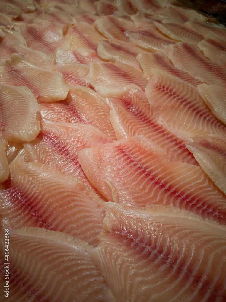 Tilapia. Fresh fish fillet pieces without skin Tilapia. Fresh fish fillet pieces without skin