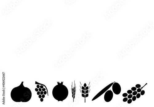Seven kinds of fruit typical of the Land of Israel. Jewish custom to eat them at Tu Bishvat. Illustrated vector background