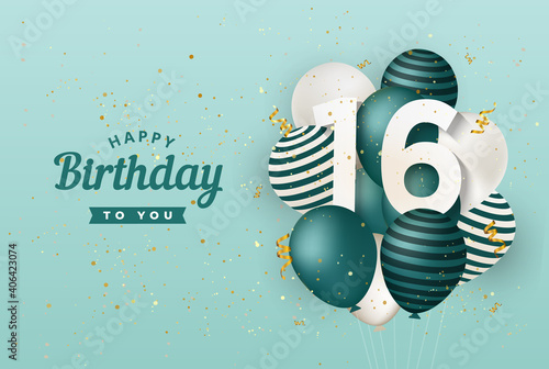 Happy 16th birthday with green balloons greeting card background. 16 years anniversary. 16th celebrating with confetti. Vector stock photo