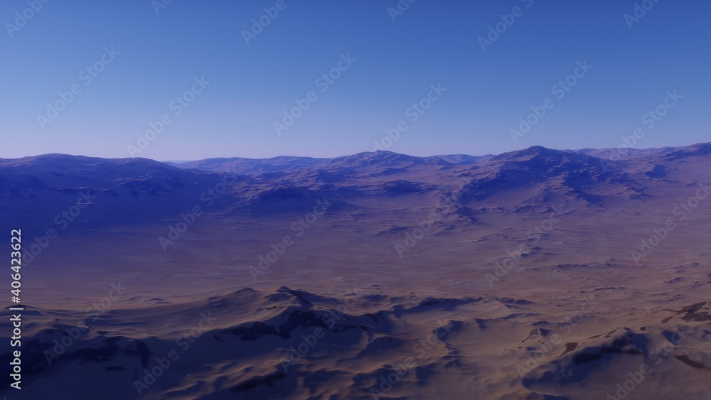 beautiful view from an exoplanet, a view from an alien planet, a computer-generated surface, a fantastic view of an unknown world, a fantasy world 3D render
