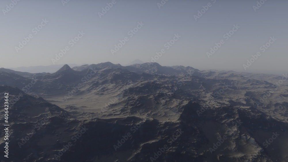 beautiful view from an exoplanet, a view from an alien planet, a computer-generated surface, a fantastic view of an unknown world, a fantasy world 3D render
