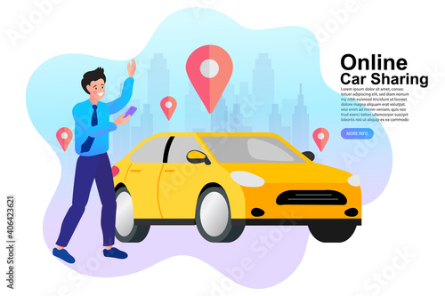 Online car sharing service concept. A man uses a mobile app with GPS to find and rent a nearby vehicle from a city-wide network. Vector illustration for modern urban mobility and car rental.