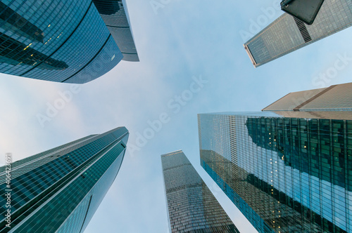 Photography Skyscrapers in Moscow, bottom view, against the sky