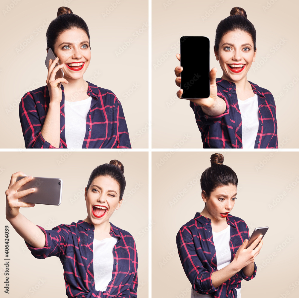 Naklejka Collage of different expressions of beautiful young woman with mobile cellphone. emotions and feelings concept with smart phone. indoor studio shot, isolated on beige background.