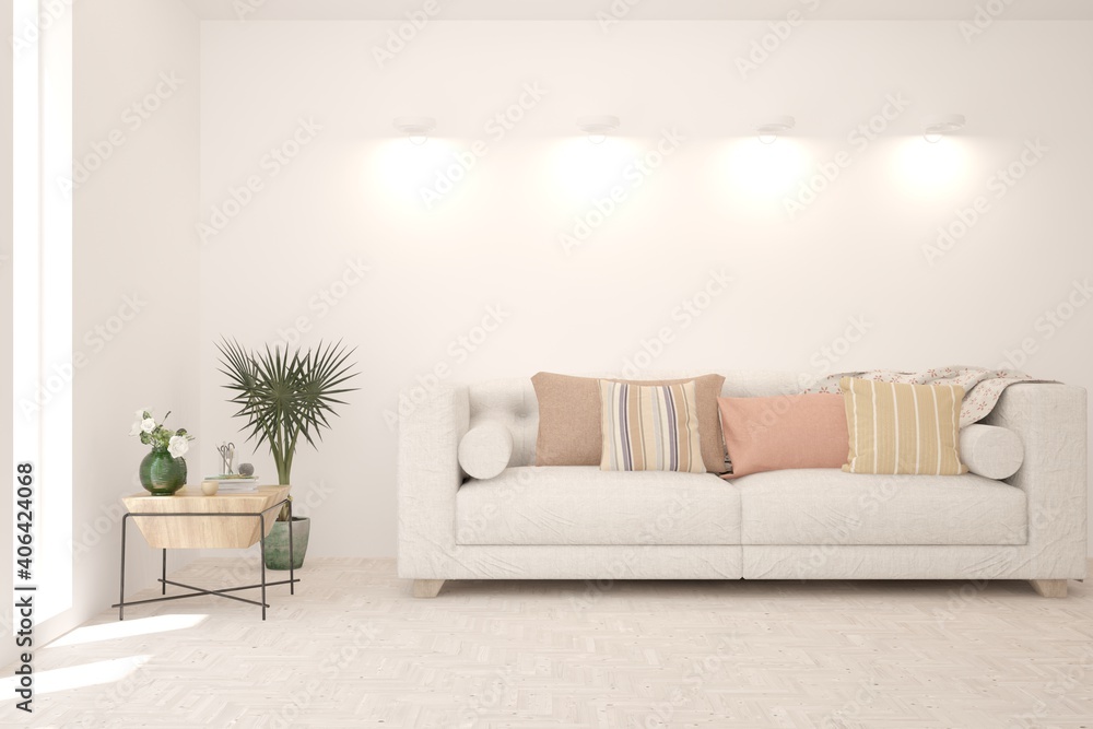 Naklejka premium White living room with sofa. Scandinavian interior design. 3D illustration