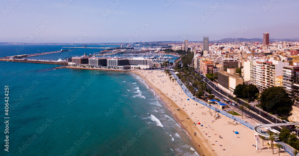 Fototapeta premium Aerial view of coastline and Santa Barbara castle in Alicante, Spain