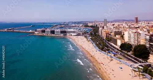 Aerial view of coastline and Santa Barbara castle in Alicante, Spain