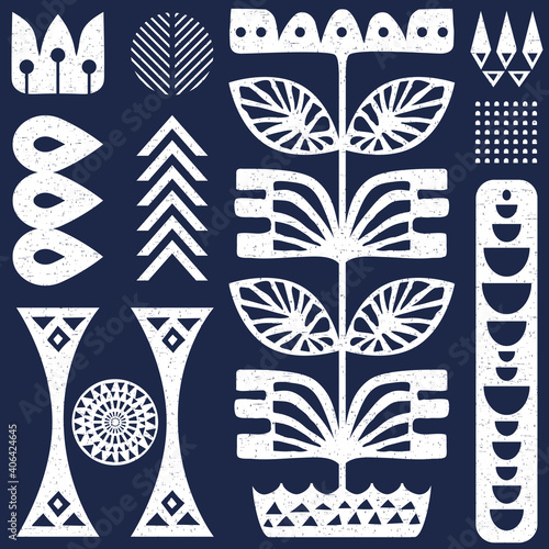 Scandinavian folk art seamless vector pattern with plants and other figures on worn our texture in minimalist style