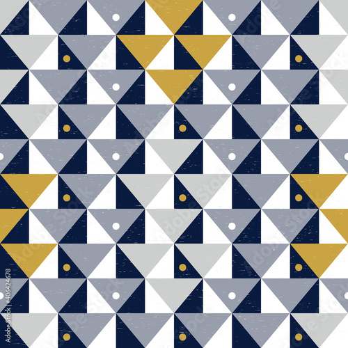 Modern vector abstract seamless geometric pattern with triangles in retro scandinavian style on worn out texture