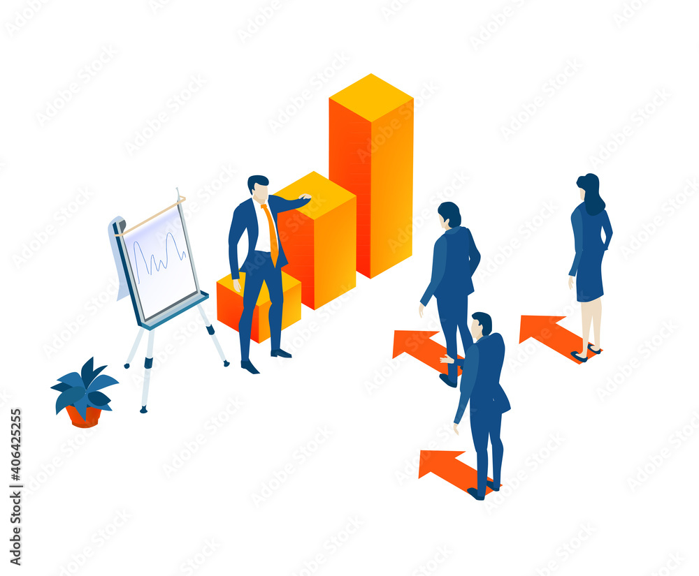 Isometric 3D business environment with business people having seminar, meeting next to growth charts and bars. Success, internet, data protection, security, investments infographic illustration. Isometric 3D business environment with business people having seminar, meeting next to growth charts and bars. Success, internet, data protection, security, investments infographic illustration.