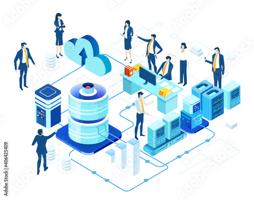 Isometric 3D business environment with business people working and communicating in server room. Technology, success, internet, data protection and personal security concept infographic illustration.