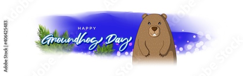 Vector illustration concept of Happy Groundhog Day greeting with cute groundhog coming out from snow covered ground. 2 February.
