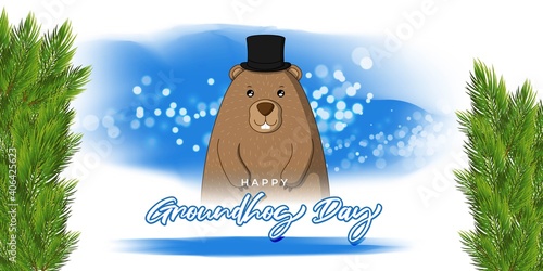Vector illustration concept of Happy Groundhog Day greeting with cute groundhog coming out from snow covered ground. 2 February.